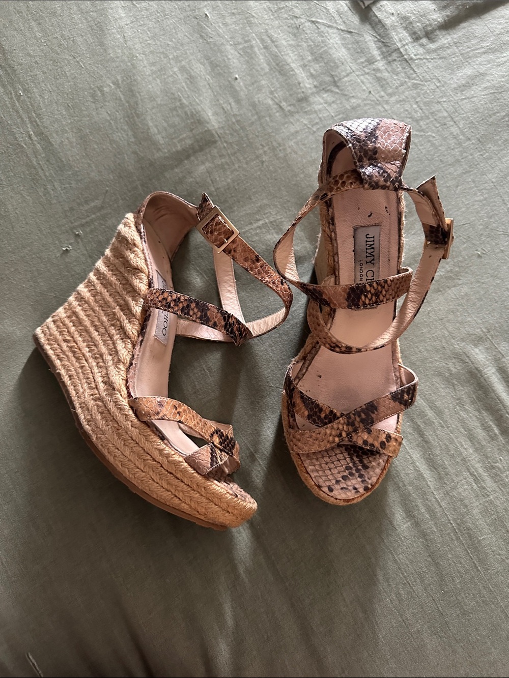 Jimmy Choo Snake-Print Espadrille Wedge Sandals in Tan